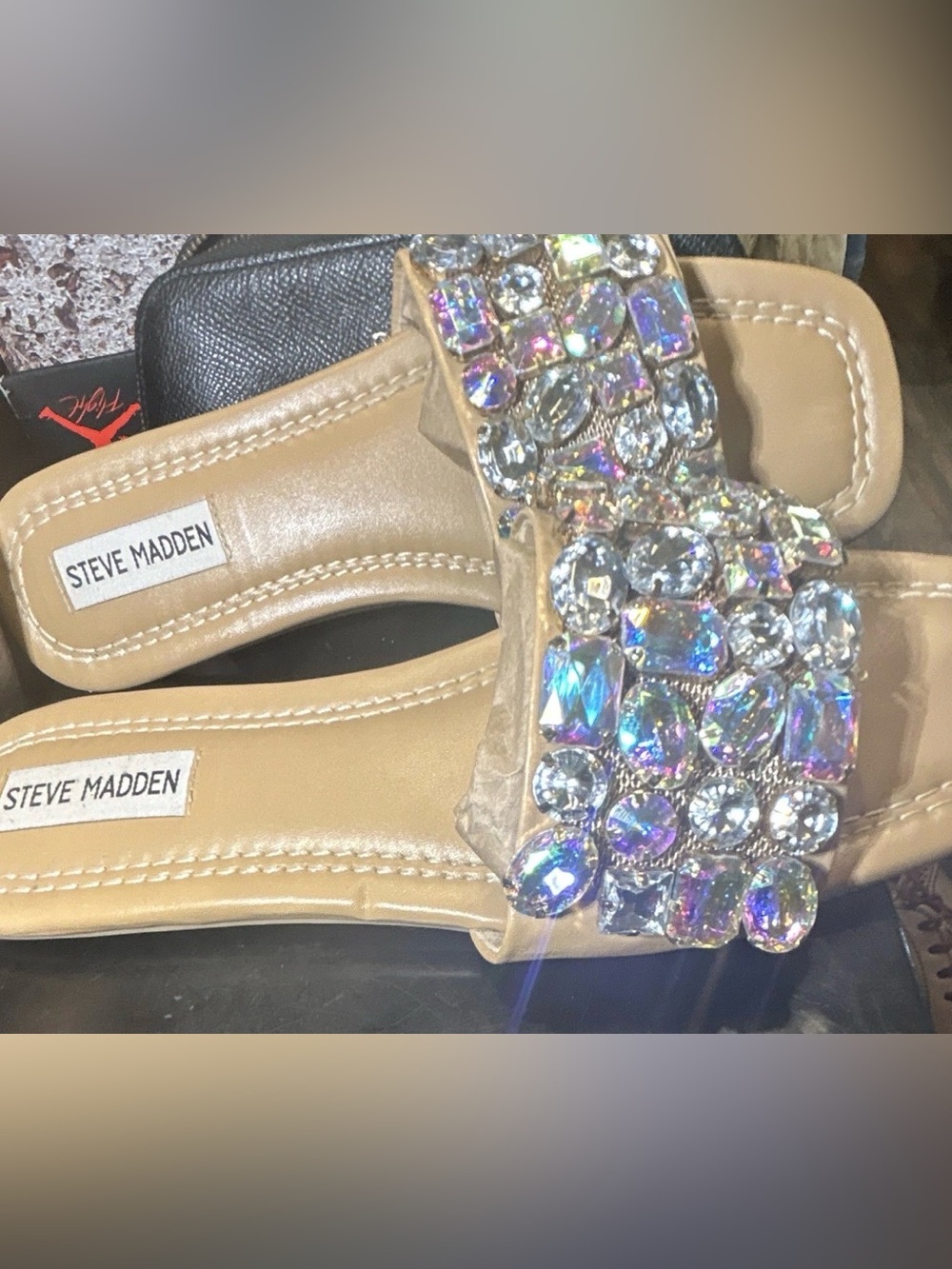Steve Madden Nude Slide Sandals with Iridescent Crystal Embellishments - Picture 2 of 7